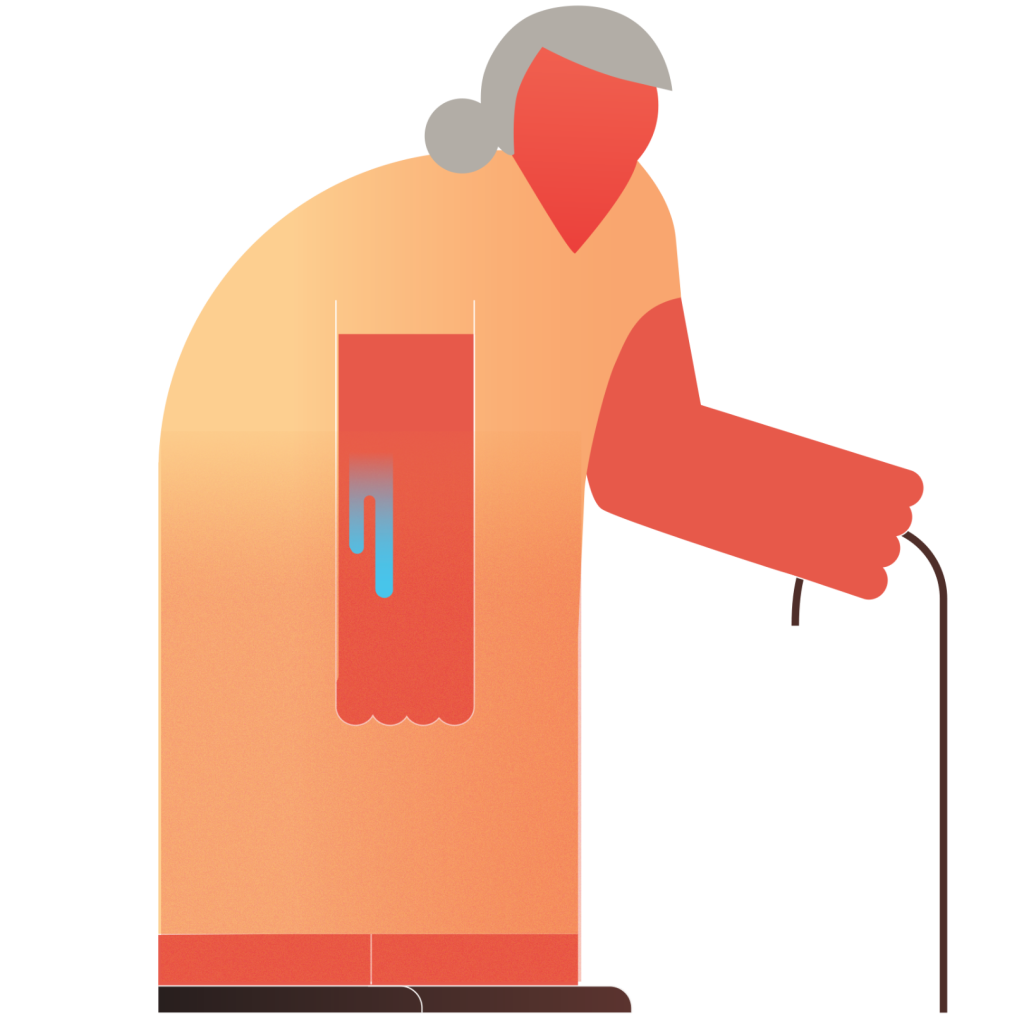 Vector image of older woman. The graphic shows her sweating as she walks using a cane.