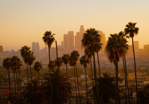 Los Angeles skyline at sunset. There are palm trees in the foreground silhouetted by the evening, yellow light. The city skyline is in the background.