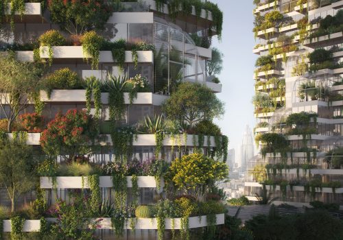 Image of apartment complexes filled with green gardens on the balconies.