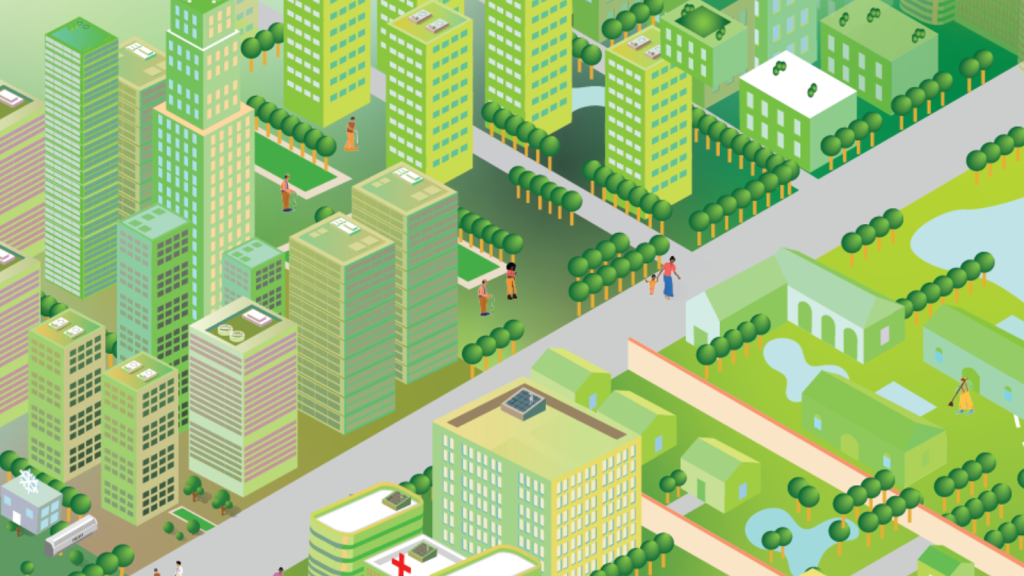 The image features a green city design with vectors of cool roofs, trees, and other green solutions.
