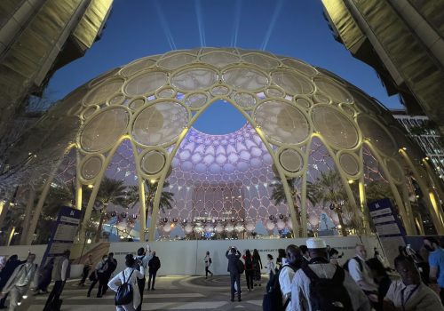 Image of Al Wasl Dome at Expo City at the COP28 U.N. at night.