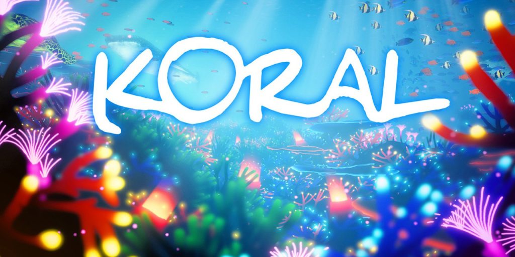 Screengrab with the title slide for Koral, an environmental game. The background is a sea with bright colors and designs.