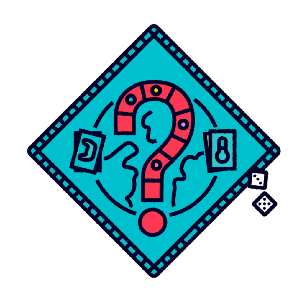 Graphic of a blue board game with a red question mark in the center.