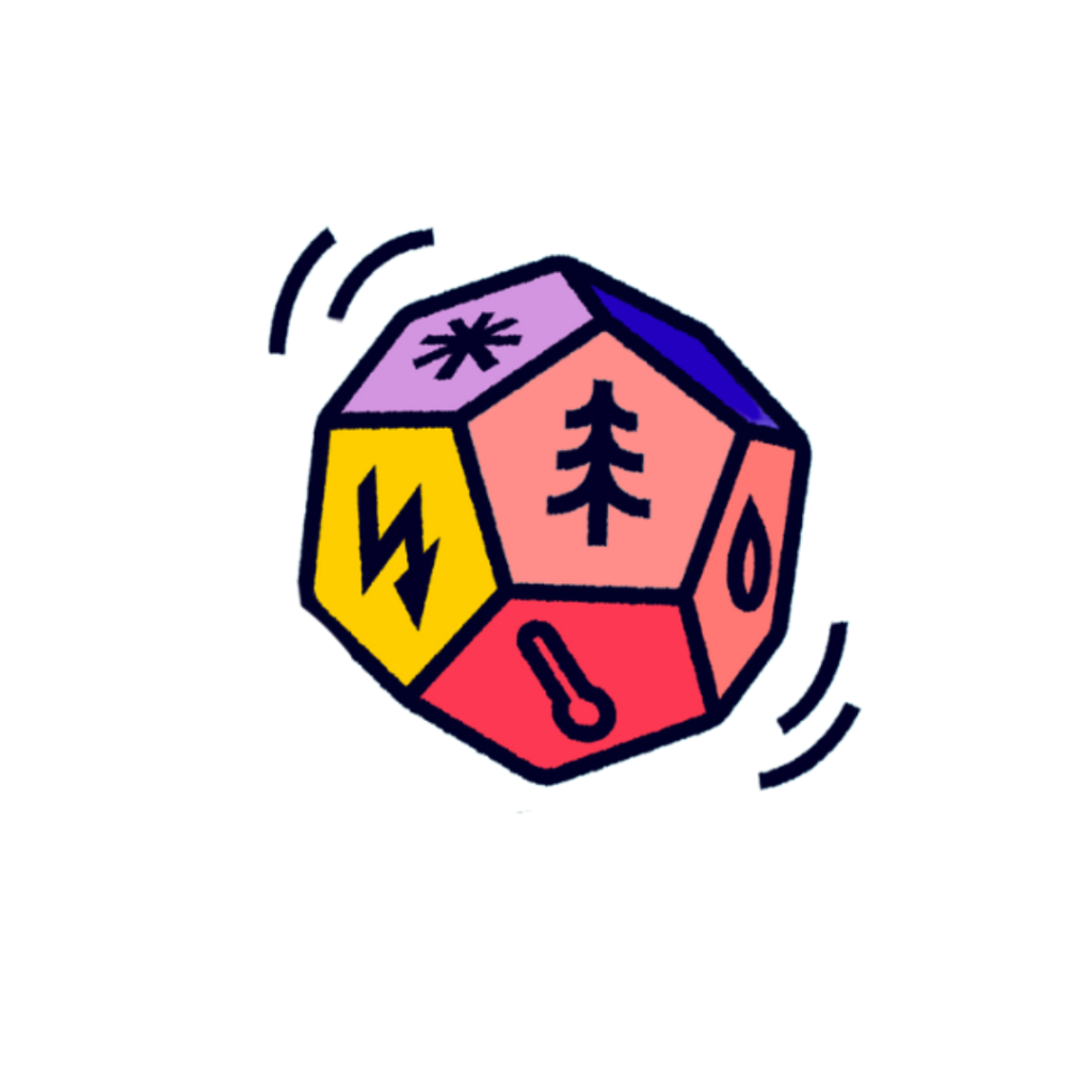 Graphic icon of a multi-sided die with key icons including a tree and thermometer.