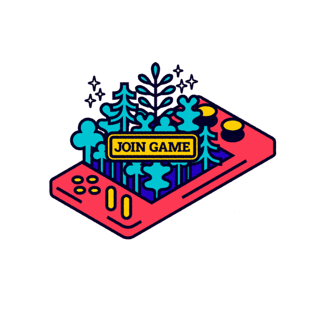 Image of a game console with blue trees popping up from the screen and a yellow icon that reads, "Join game." The design helps show the importance of environmental games.