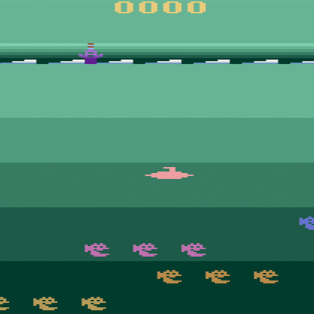 Image of Save the Whales gameplay. It has a layered green-blue sea with different colored whales on each layer of water.
