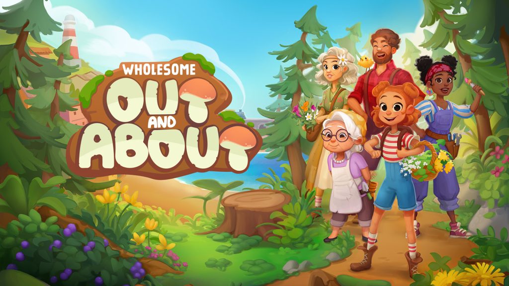 Screengrab of Out and About title slide with all characters standing on a dirt path in the woods. Out and About is an environmentally focused, wholesome social impact game.