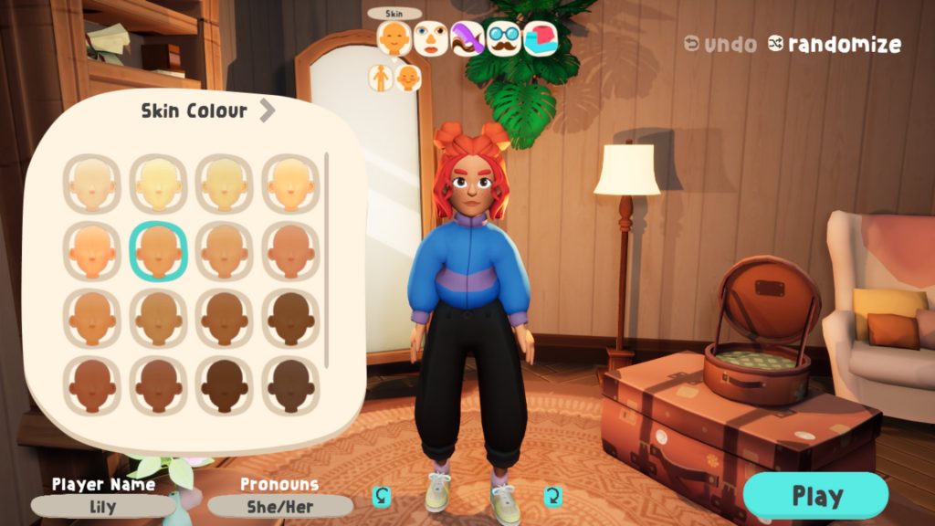 Screengrab of Out and About showing a red-headed character on the character design screen. Out and About is an environmentally focused social impact game,