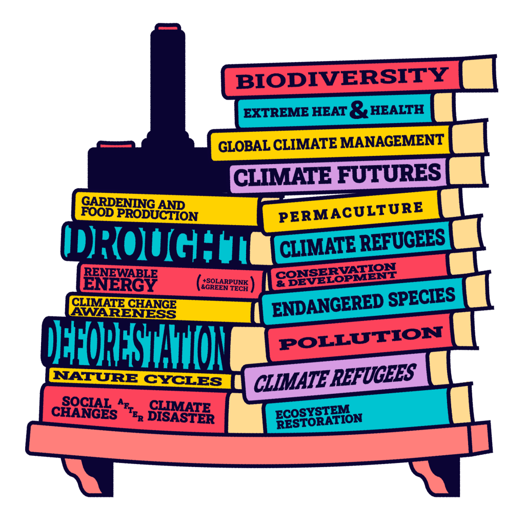Image of stacked books on a shelf with each book title listing a climate hazard and important topic for environmental games.