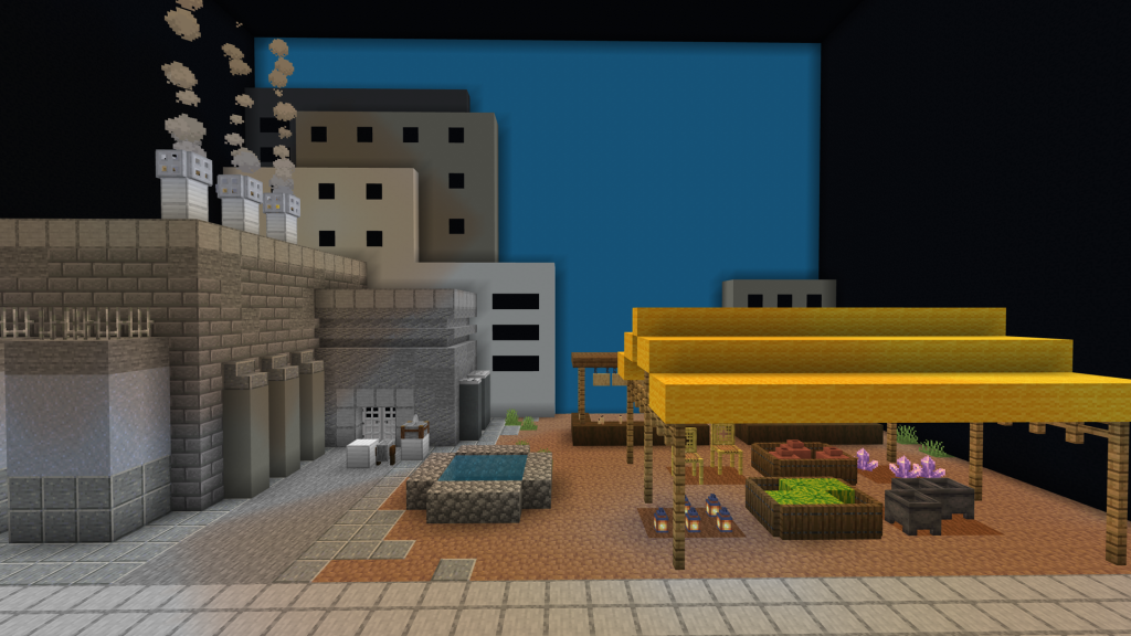 Screengrab from Minecraft Heat Wave Surivival showing an urban area with a shade structure.