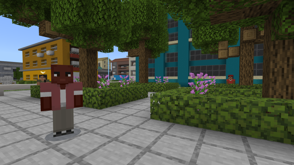 Screengrab from Minecraft Heat Wave Survival. Image of two characters standing under the shade of trees in a city environment.