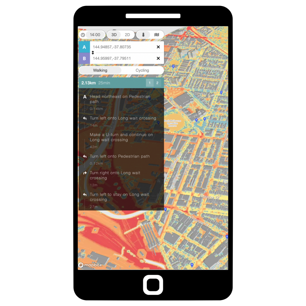 An image of the Cool Routes map, an exciting climate technology that routes the coolest journey in Melbourne, Australia.