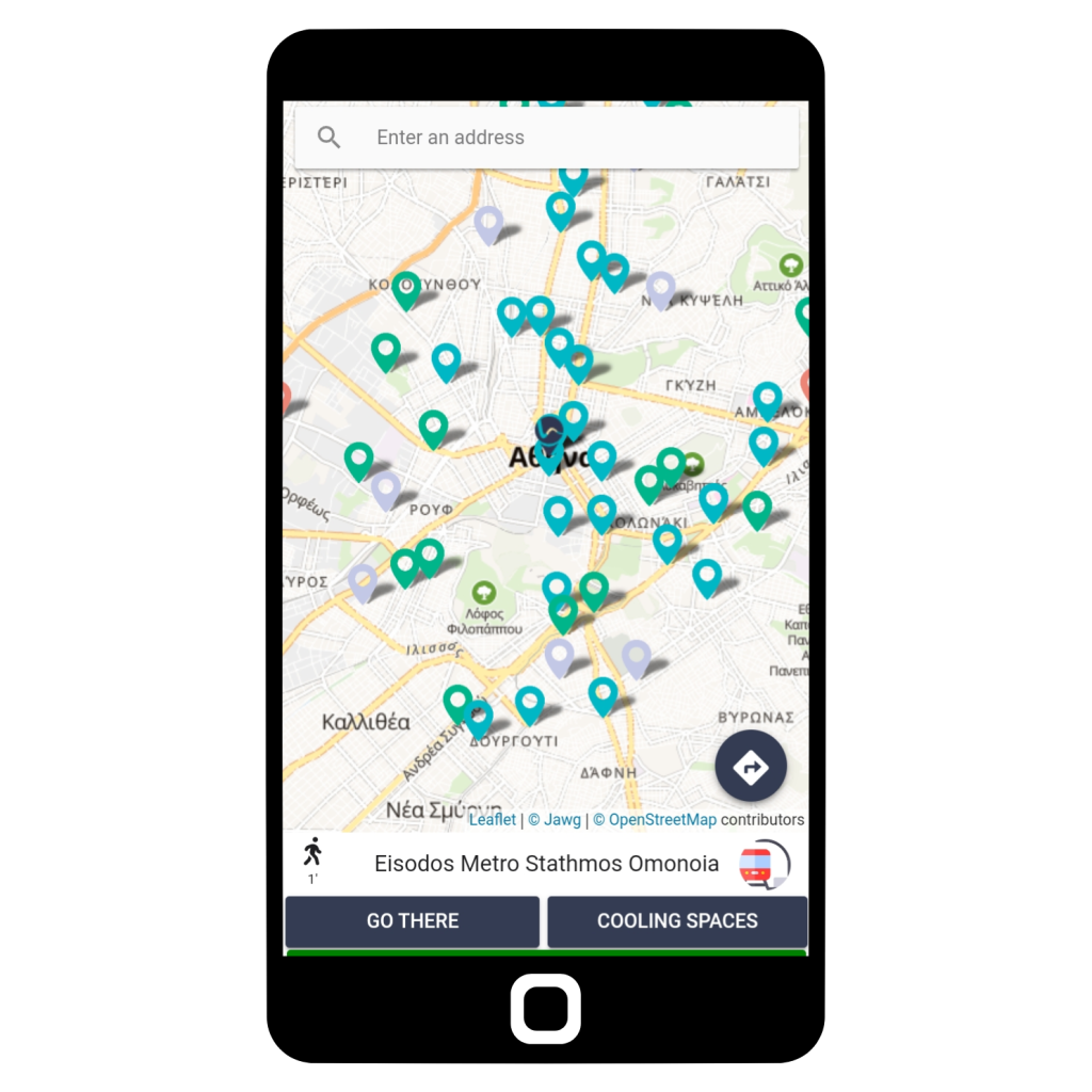 Image of the Extrema app, with multiple geotags to help users identify cooling spaces and other resources. This climate technology uses data to keep Athenians safer.