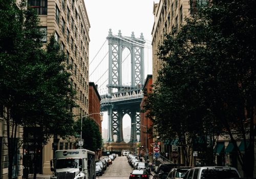 Photo of Dumbo Street and the Brooklyn Bridge.