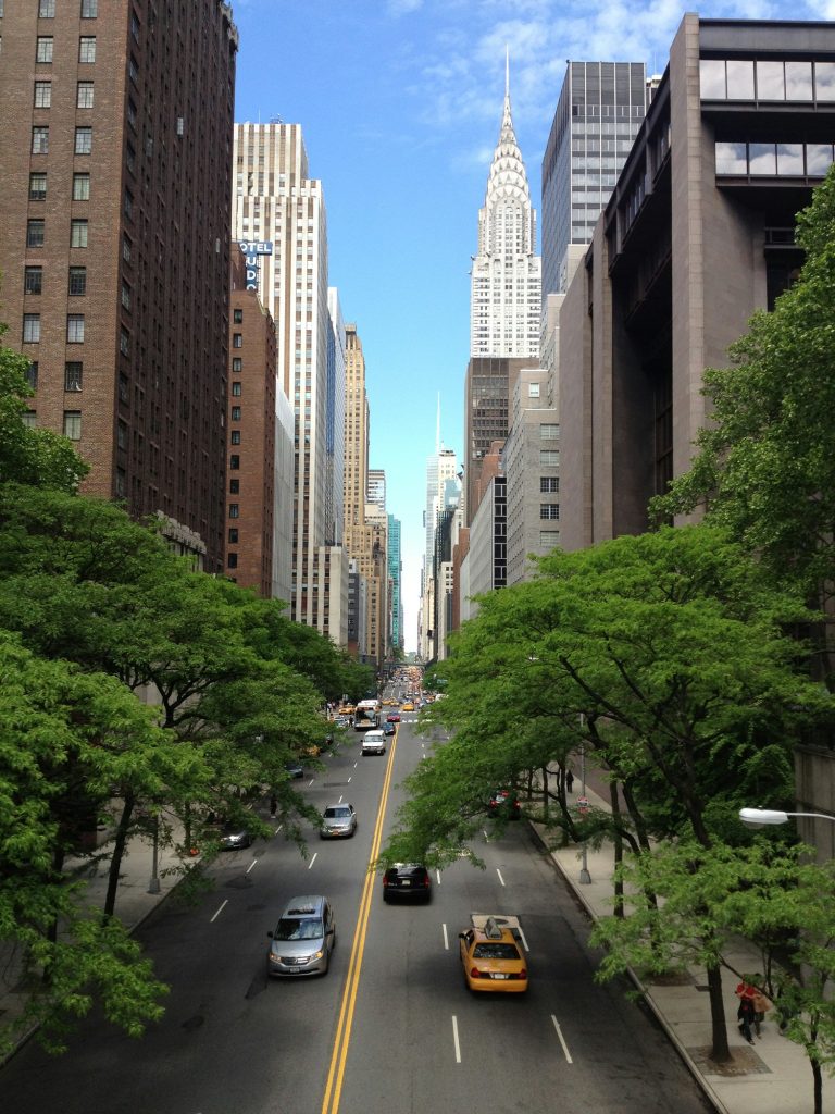 Image of New York City with the nature-based solution of trees lining the street.