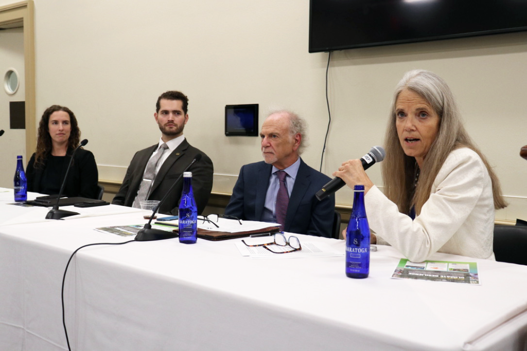Image of four officials seated at table. Jane Gilbert (far right) holds microphone and addresses Congressional staffers on the heat-energy nexus.